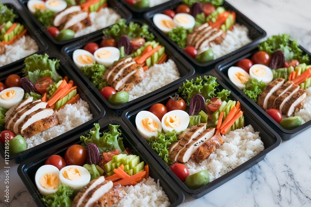 multiple black containers filled with a meal. multiple black containers filled with a meal.