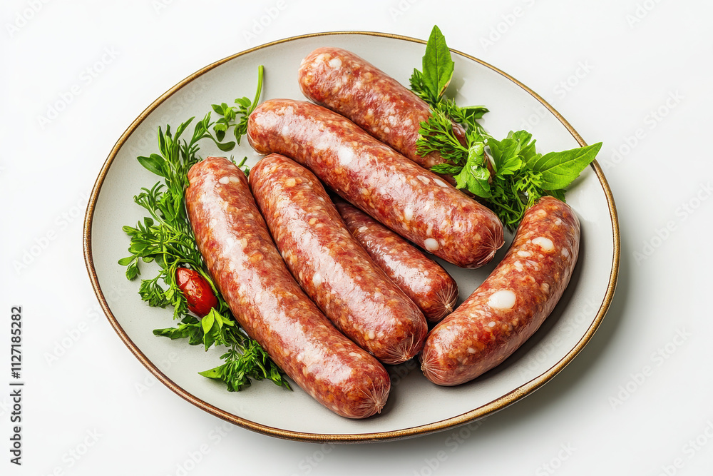 A plate of fresh sausages garnished with herbs, ready for cooking or serving. A plate of fresh sausages garnished with herbs, ready for cooking or serving.