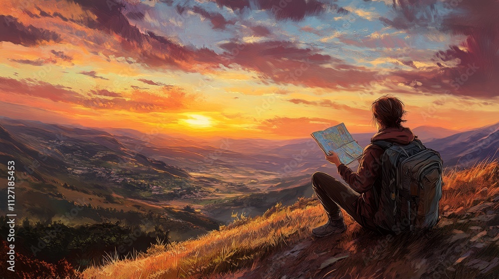 Solo Backpacker Sitting on Hilltop Looking at Scenic Sunset View Solo Backpacker Sitting on Hilltop Looking at Scenic Sunset View