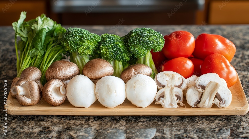 A wooden platter displaying fresh vegetables including broccoli, tomatoes, and various mushrooms. A wooden platter displaying fresh vegetables including broccoli, tomatoes, and various mushrooms.
