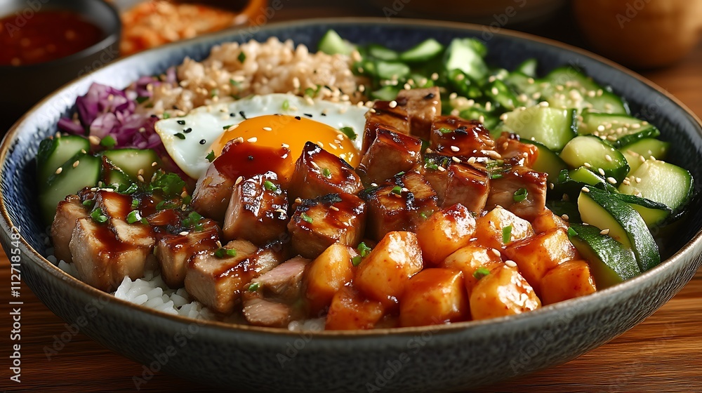 Delicious Asian Fusion Bowl with Grilled Meat and Egg Delicious Asian Fusion Bowl with Grilled Meat and Egg
