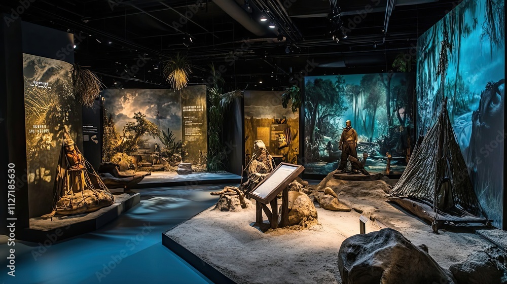 Museum Exhibit Depicting Ancient Life and Culture in a Swamp Environment Museum Exhibit Depicting Ancient Life and Culture in a Swamp Environment