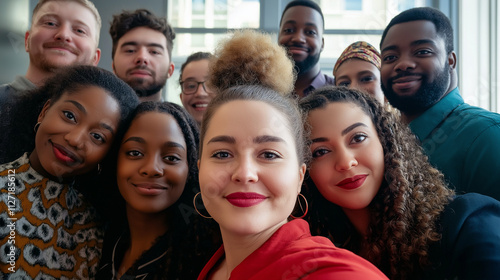 Stylish Diverse Business Group Poses for Selfie with Cameras in Office, Embracing Vogue Aesthetic