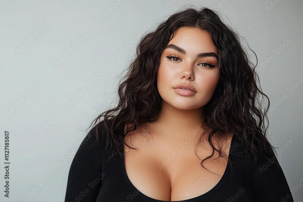 A portrait of a woman with wavy hair and natural makeup against a neutral background. A portrait of a woman with wavy hair and natural makeup against a neutral background.