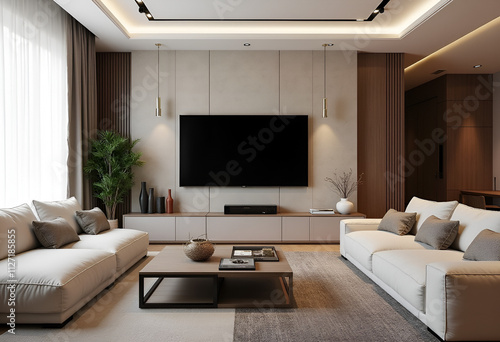 Contemporary room with large sectional sofa, lcd tv panel, neutral tones, and modern decor accents. Minimalist home interior design of modern living room.