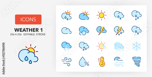 Line icons about weather. Contains such icons as cloudy, humidity, fog and more. 256x256 Pixel Perfect editable in two colors. Set 1 of 2
