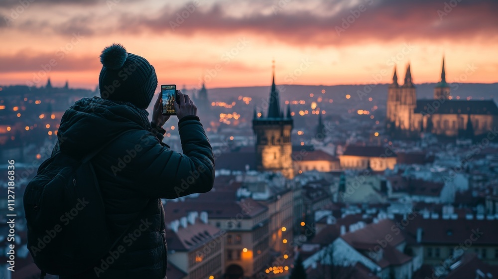 Aerial View of Historic City Skyline at Twilight with Photographer Aerial View of Historic City Skyline at Twilight with Photographer