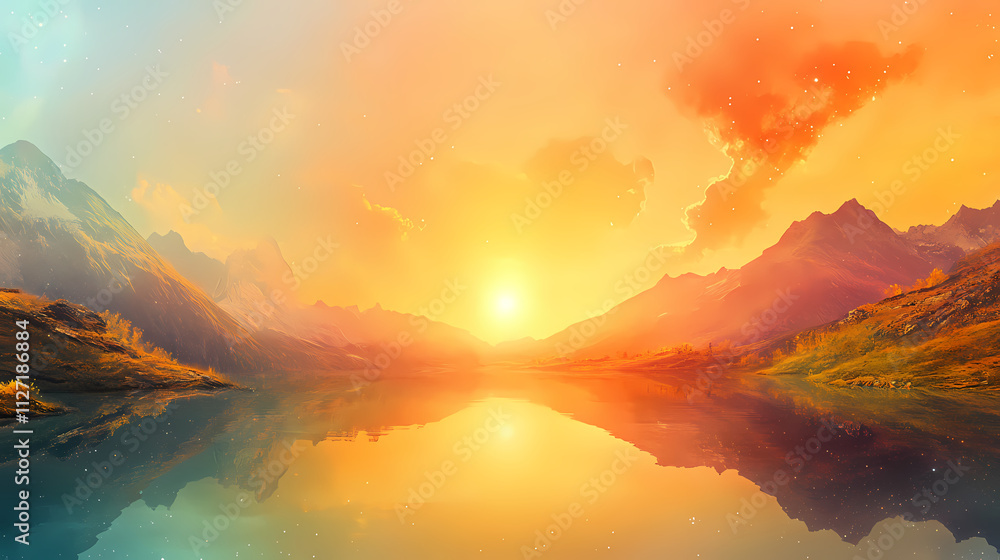 Fototapeta premium Panorama landscape of vernal equinox by the lake, photography colorful sun light high detail landscape background. Equinox. Illustration