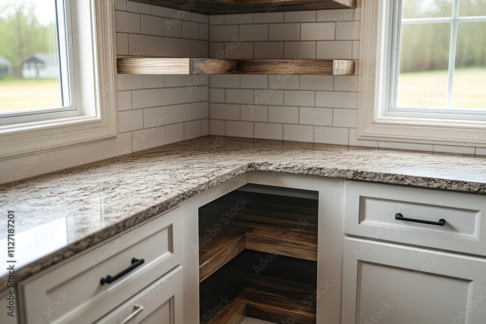 Fototapeta premium Modern kitchen corner with granite countertop, white cabinets, and wooden shelves.