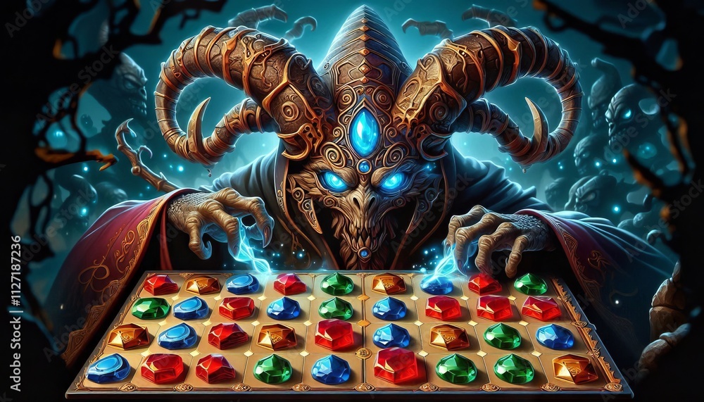 Fototapeta premium A demonic figure with glowing blue eyes manipulates a board game with colorful gems, casting magical energy