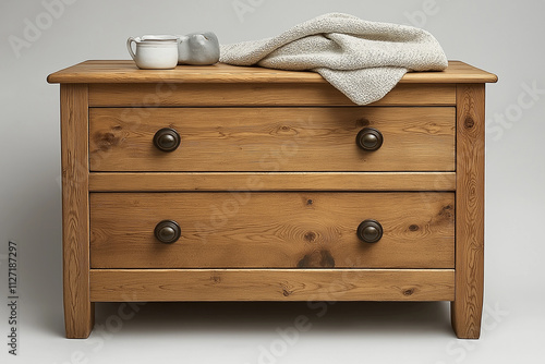 Photo studio d'une commode en bois naturel avec finition soignée et design élégant, sur fond blanc