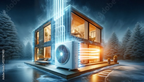 Modern house with heat pump system in winter, showcasing energy efficiency and eco-friendly heating technology in a snowy forest