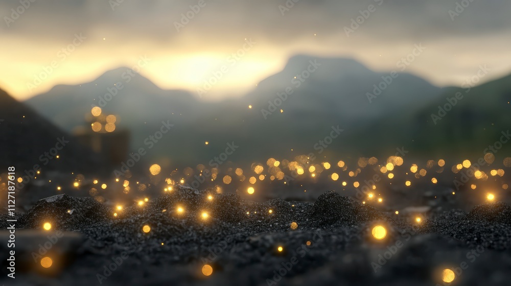 Magical Golden Lights on Dark Sand Scenic Sunset Landscape Magical Golden Lights on Dark Sand Scenic Sunset Landscape