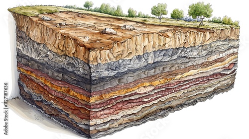 Cross-section illustration of layered soil and rock strata, showing topsoil, subsoil, bedrock, and different geological formations.