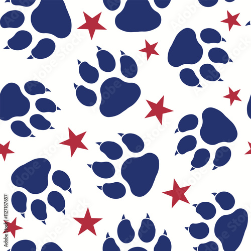 Cute dog paw prints in USA national flag blue red white seamless vector pattern patriotic background