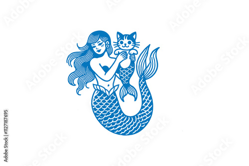 Whimsical mermaid holding a cute mer-cat in vintage tattoo-style design