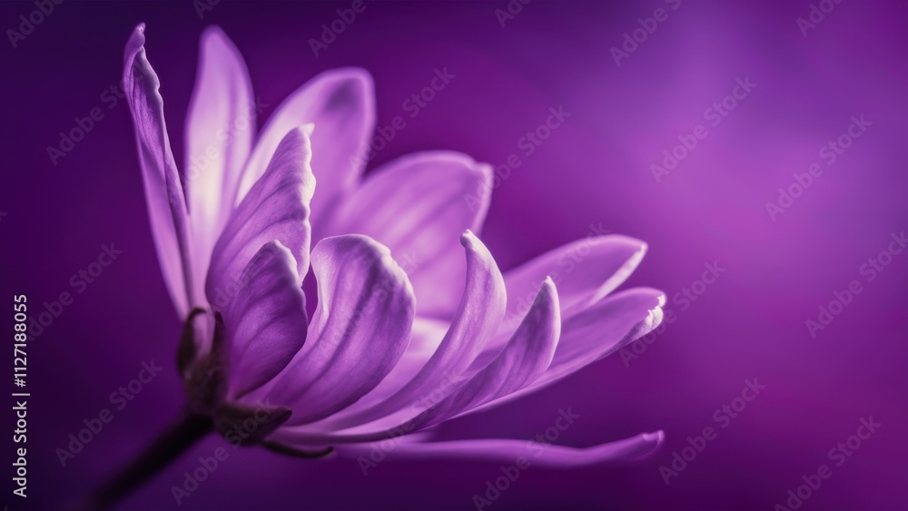 Fototapeta premium A close-up of a lavender flower with delicate petals, on a dark purple background. The background gradient smoothly transitions from dark purple to light lavender, creating a sense of depth and volume