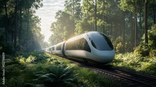 Modern high-speed train traveling through a lush green forest at sunrise.