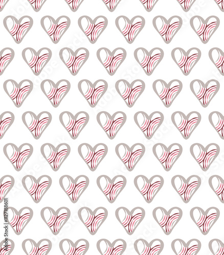 Abstract heart shape modern seamless pattern. Geometrical grid. Hand drawn decorative grunge bold doodle line. Web modern ornamental background. Vector illustration. Pink, mocha coffee colours