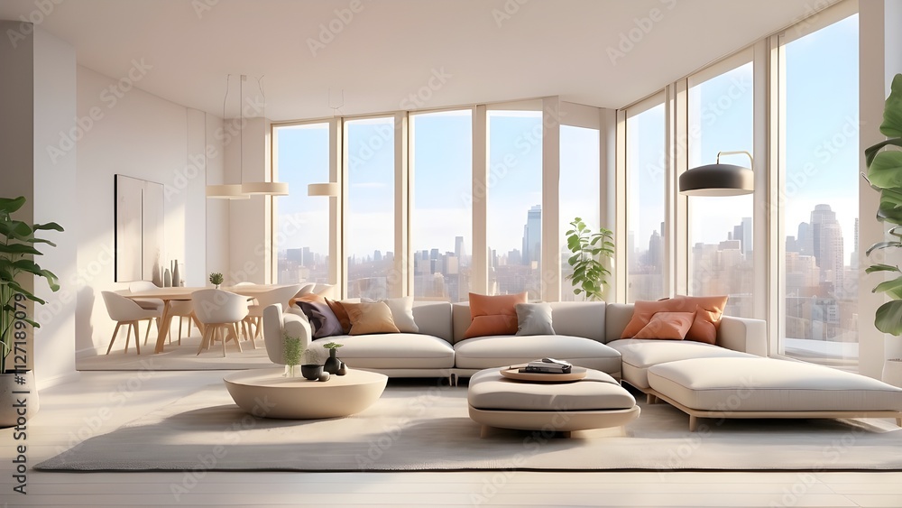An example of a contemporary, light-filled apartment with large windows made with generative artificial intelligence An example of a contemporary, light-filled apartment with large windows made with generative artificial intelligence