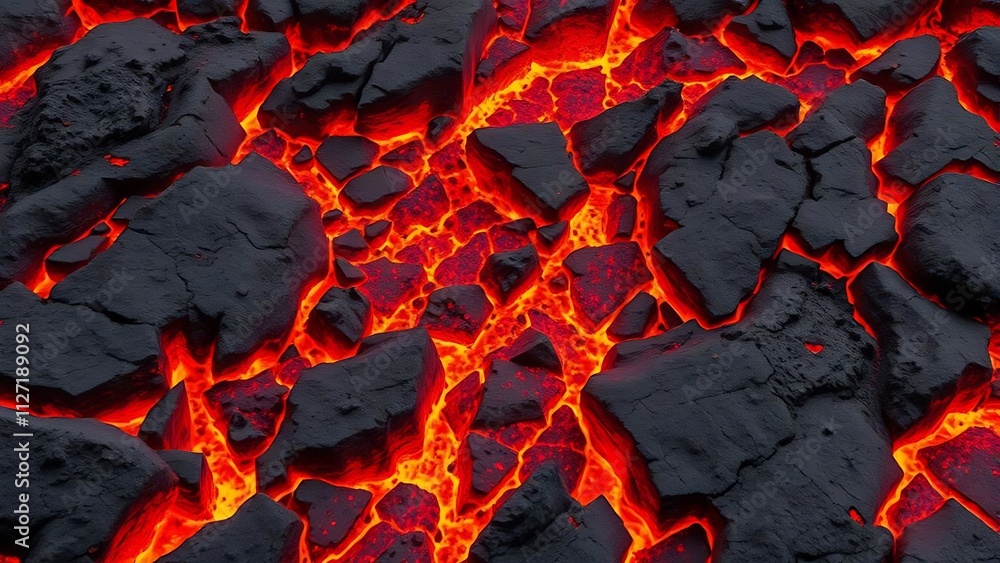 Molten lava flowing through cracked dark volcanic rocks. Molten lava flowing through cracked dark volcanic rocks.