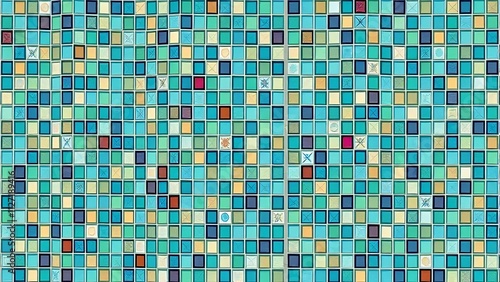 Abstract mosaic pattern with various colors and small square tiles.