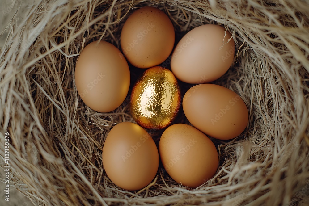 Brown eggs and a golden egg in a nest, dark background. Stand out in crowd concept Brown eggs and a golden egg in a nest, dark background. Stand out in crowd concept