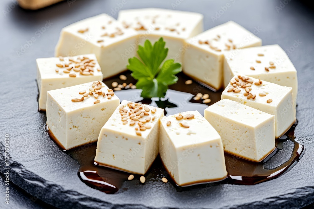 Delicious pan-fried tofu cubes with sesame seeds and soy sauce drizzle Delicious pan-fried tofu cubes with sesame seeds and soy sauce drizzle