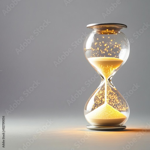 Broken hourglass pouring sand and light, frozen in mid-motion photo