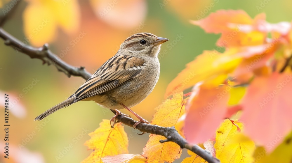 A small bird perched on a branch with vibrant autumn leaves in the background. A small bird perched on a branch with vibrant autumn leaves in the background.