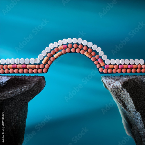 Row of medical pills forming a bridge over a gap to signify bridging healthcare disparities
