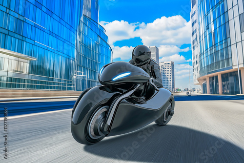 A futuristic street bike rides through futuristic city streets. An image for the design. photo