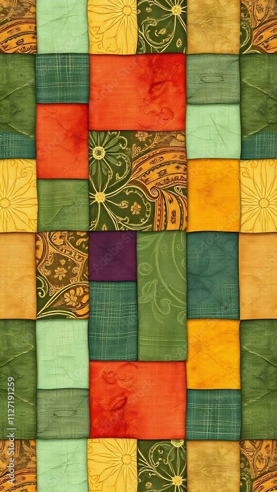 Autumnal patchwork quilt design with various textures and colors. Autumnal patchwork quilt design with various textures and colors.