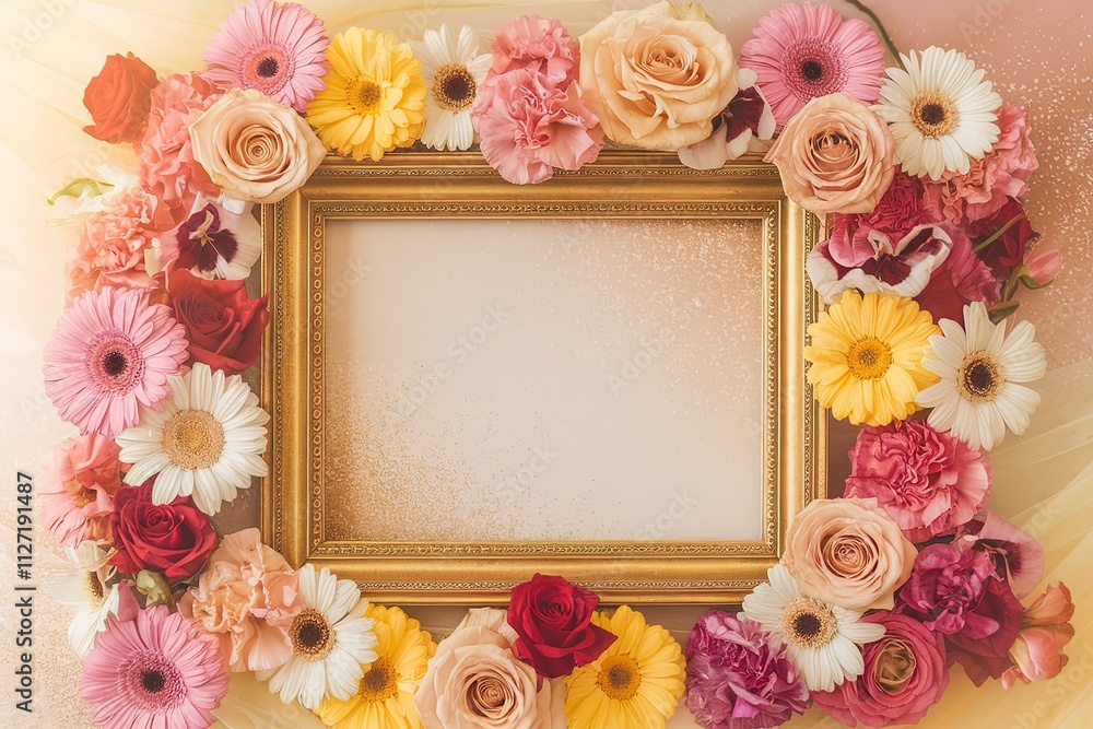 A golden empty frame surrounded by various colorful flowers A golden empty frame surrounded by various colorful flowers