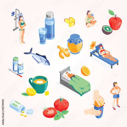 Strengthening immunity isometric recolor icon set with hardening proper nutrition taking vitamins sports and increasing immunity vector illustration