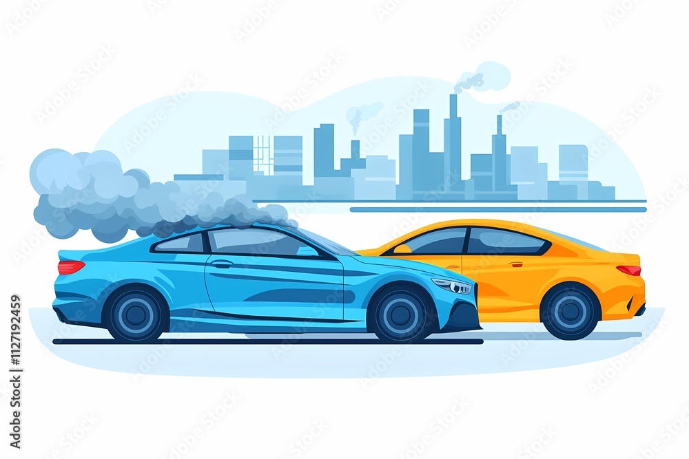 Pollution and Traffic Concept with Modern Cars and City Background Pollution and Traffic Concept with Modern Cars and City Background