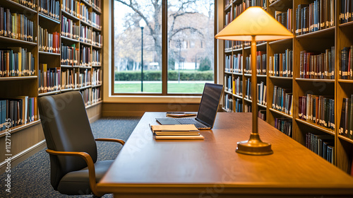 Library study area with bookshelves, desk, chair, and laptop.