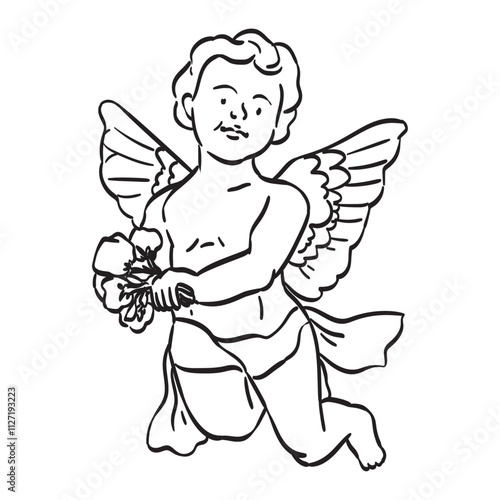 Antique angel baby cupid illustration. Isolated vintage cherub greek statues, retro little angel with flower bouquet in doodle line art tattoo style for poster, placard or wedding invitation design.