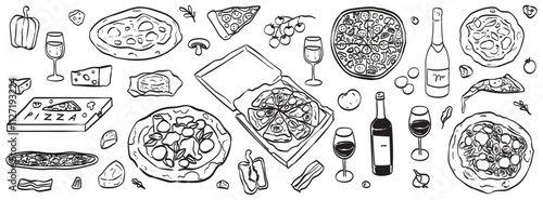 Wine and italian pizza vector Illustrations for invitations, pizzeria or cafe menus and parties. Hand drawn crayon food illustration. Sketch style lunch or dinner icons. La dolce vita italian style.