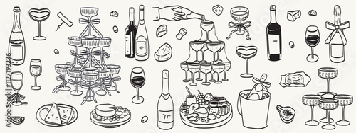 Wine, champagne with cheese platte vector illustration. Charcuterie board. Food and drinks drawing in doodle ink sketch style for wedding party. Cheddar, parmesan, brie, gorgonzola slices and pieces.