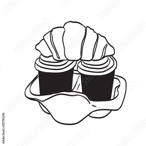 Takeaway coffee with croissant in paper container. Line drawing of coffee with bakery dessert for breakfast. Drawings set perfect for cafe or restaurant menu, placard or poster in doodle ink style.