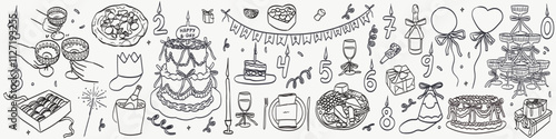 Hand drawn chalk food vector illustrations. Birthday party doodle icons. Wine or champagne glass, cheese, charcuterie drawings for b-day invitations, cafe and parties menus. Anniversary celebration.
