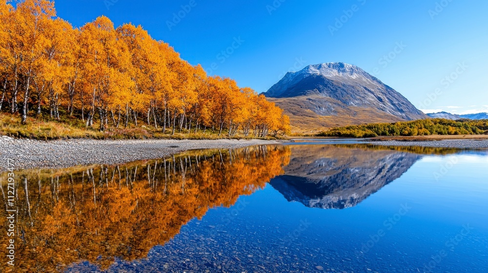 A serene mountain lake, showcasing vibrant autumn colors reflected perfectly in the still water. A serene mountain lake, showcasing vibrant autumn colors reflected perfectly in the still water.