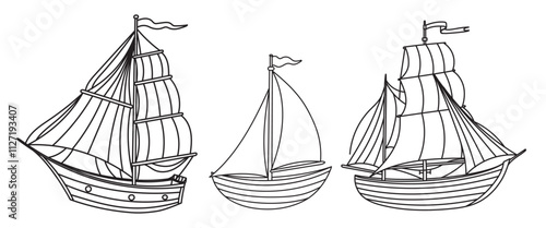Sailboat vector illustration. Linear drawing of Ships in outline style. Engraved cute sailboat for childish design in nautical style. sea elements for baby shower greeting cards or kids invitations.