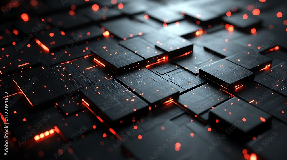 Fototapeta premium Abstract dark metallic surface with red glowing lines and squares.