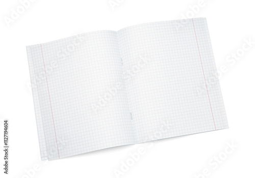 One open copybook isolated on white, top view. School stationery