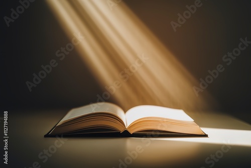 an open book placed on a flat surface, with a radiant beam of light shining down on it