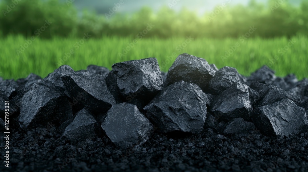 Dark Rocks Pile Nature Coal Energy Environment Green Grass Background Dark Rocks Pile Nature Coal Energy Environment Green Grass Background