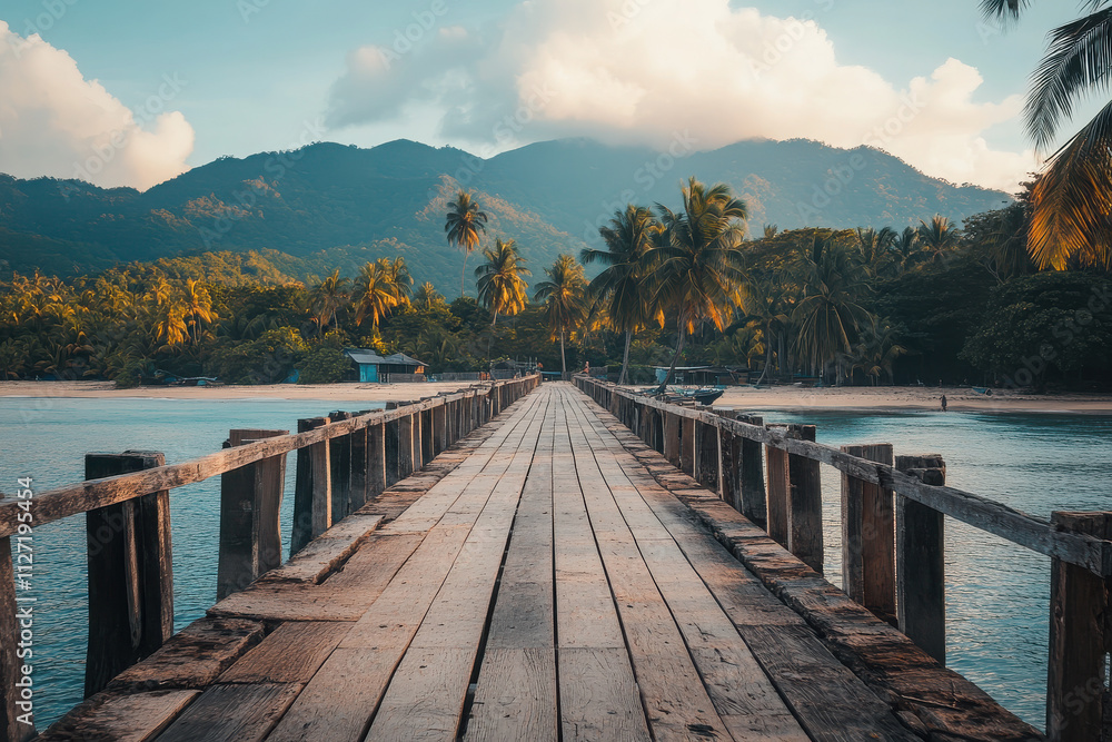 Obraz premium A serene wooden pier extends into calm waters, surrounded by lush mountains and palm trees.