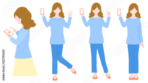 Clip art set of woman using smartphone.